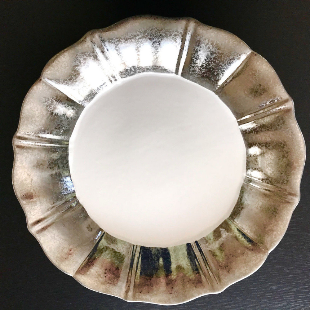 Anthropologie Large Ceramic Serving Bowl Deep Plate White Silver Serveware